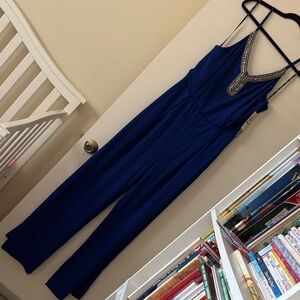 XOXO Navy Jumpsuit with Beaded V-Neck